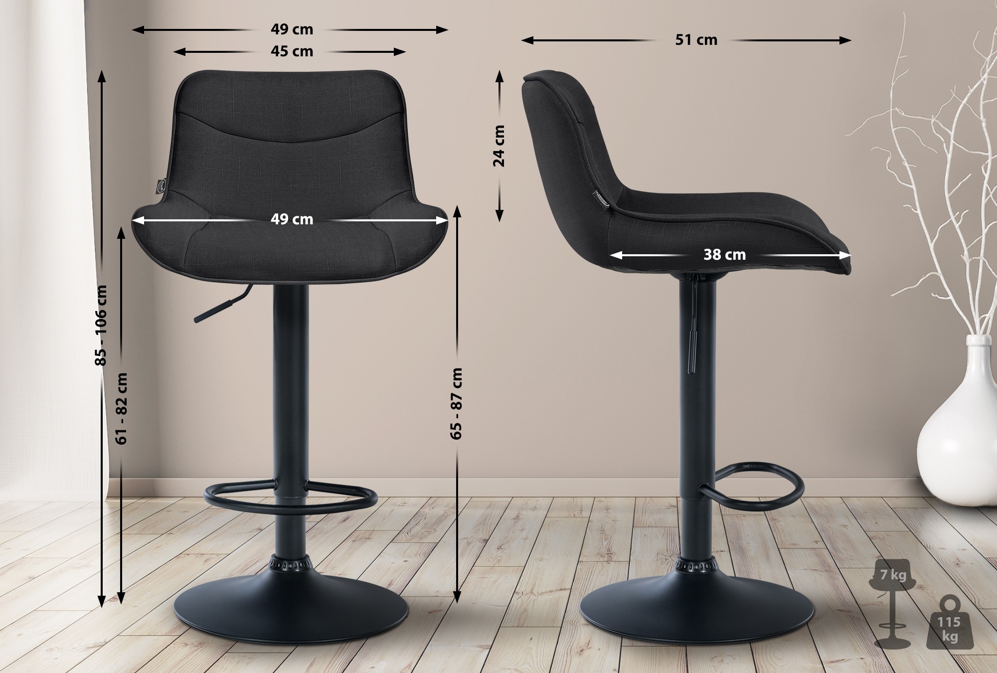 2er Set Barhocker Vonore Stoff schwarz