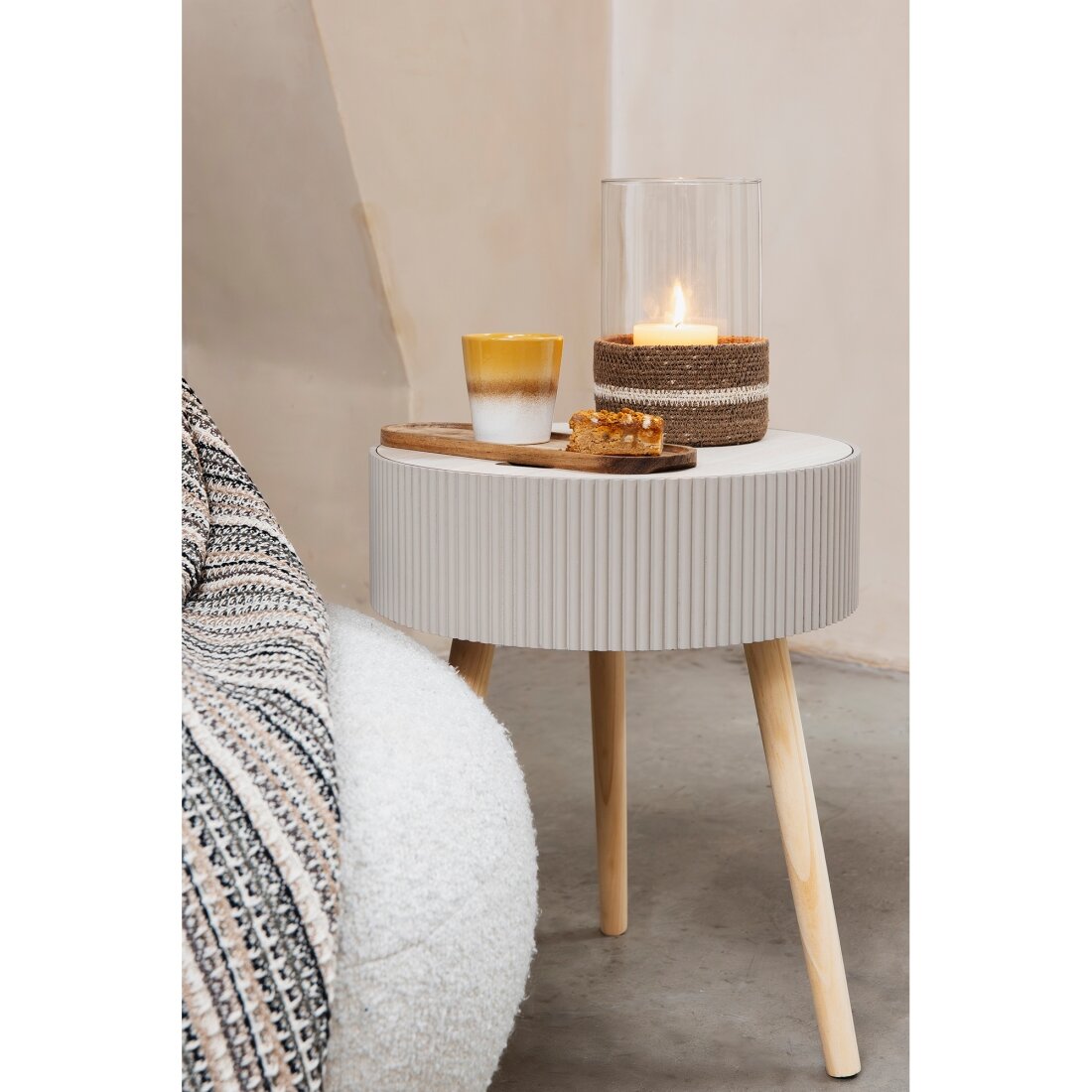 JENS Living Beistelltisch Levi – Rund Ø38cm mit Stauraum & Deckel – Couchtisch Modern mit 3 Beinen – Nachttisch – Holz – Beige