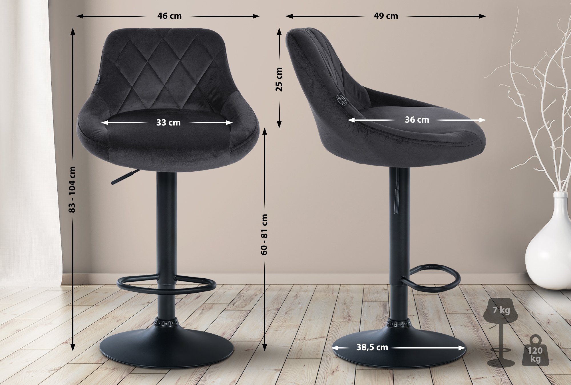 2er Set Barhocker Lazio Samt schwarz