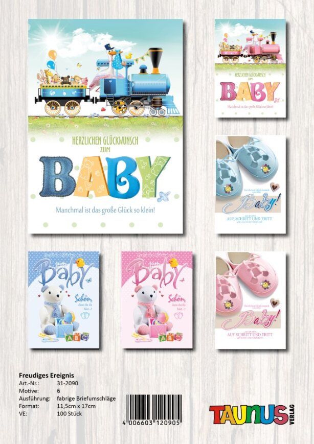Taunus-Verlag Grüßkarten Babykarte - 100 Stück - 6 Motive