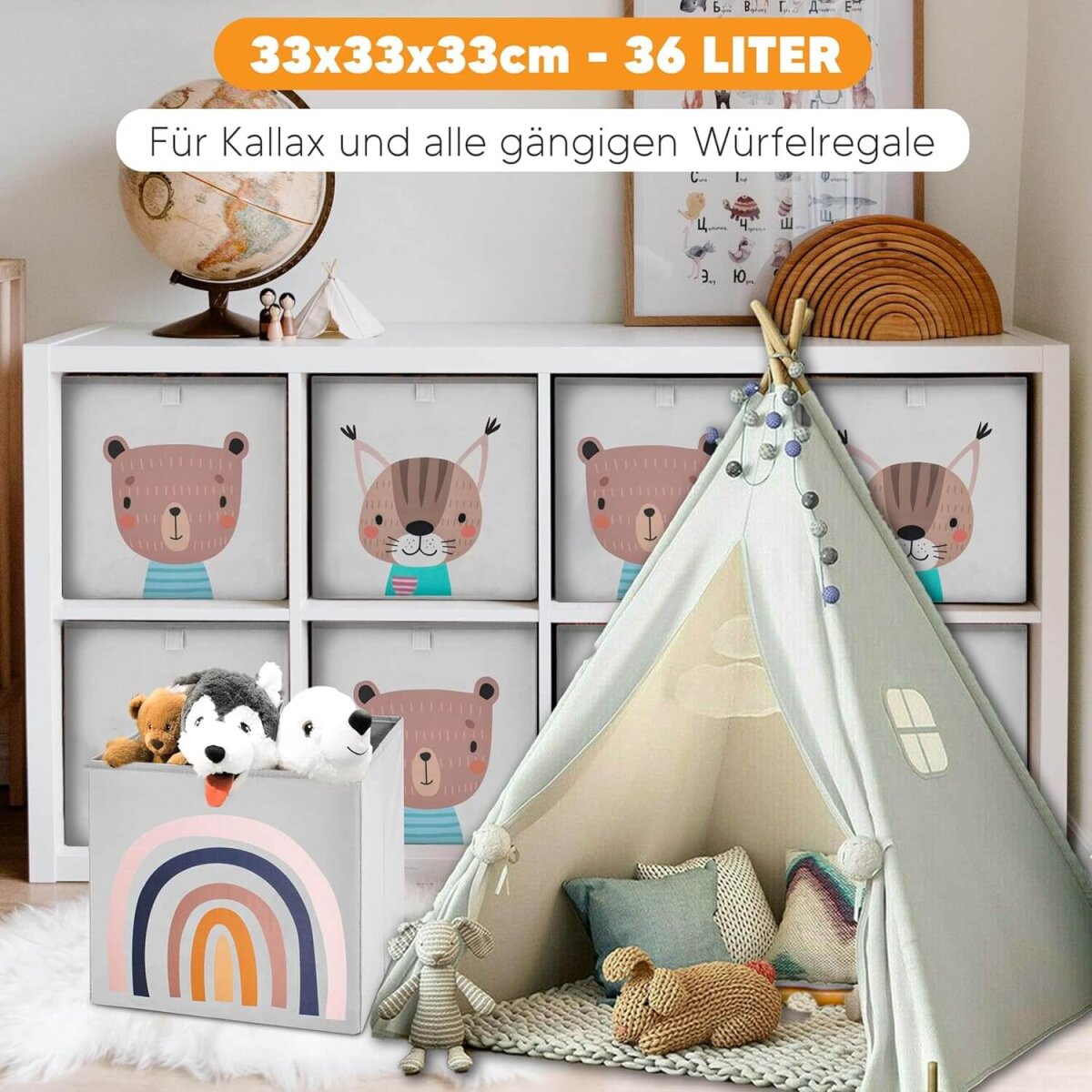 fenchi’s AUSTRIA Aufbewahrungsboxen 2er Set – 33x33x33 cm – Kallax kompatibel – stabile Faltboxen für Kinderzimmer (Bär & Katze)