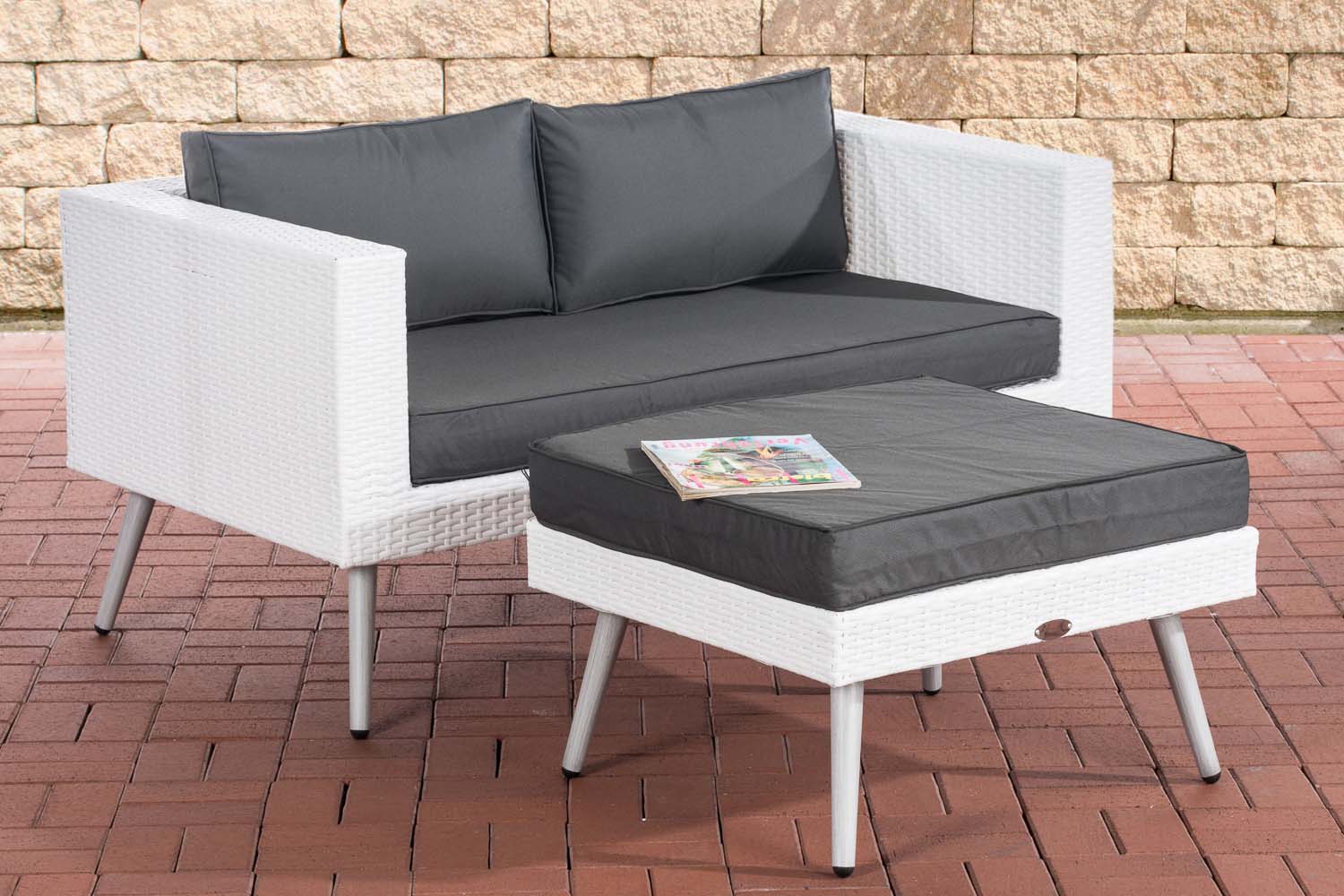 2er Sofa Molde mit Fußhocker Flachrattan weiß 45 cm (Hellgrau)
