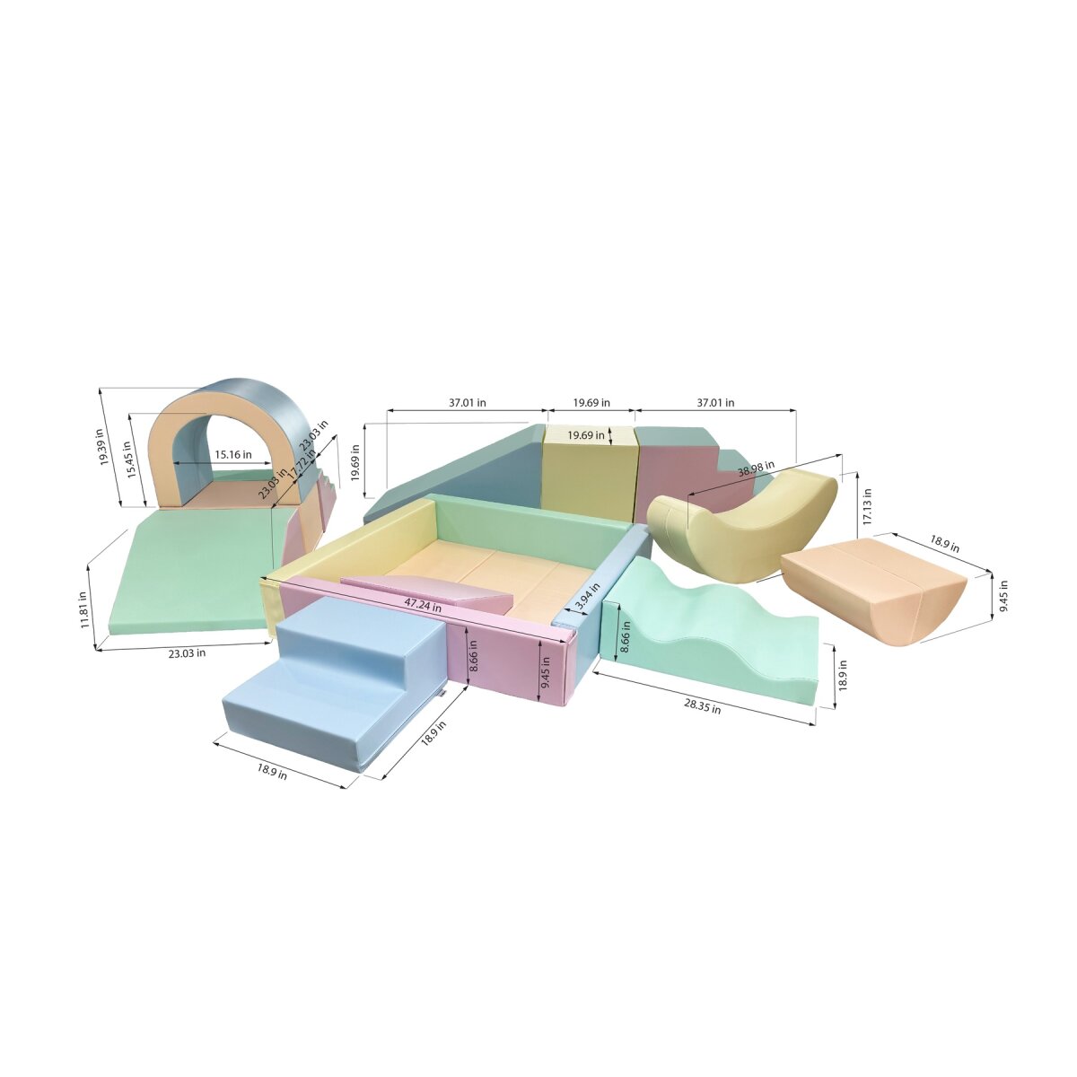 IGLU Großes Party Set aus mehreren bunten Schaumstoff-Spielmodulen - Helles Pastell - mit Rampe, Rutsche und Ballbecken,für Kinder