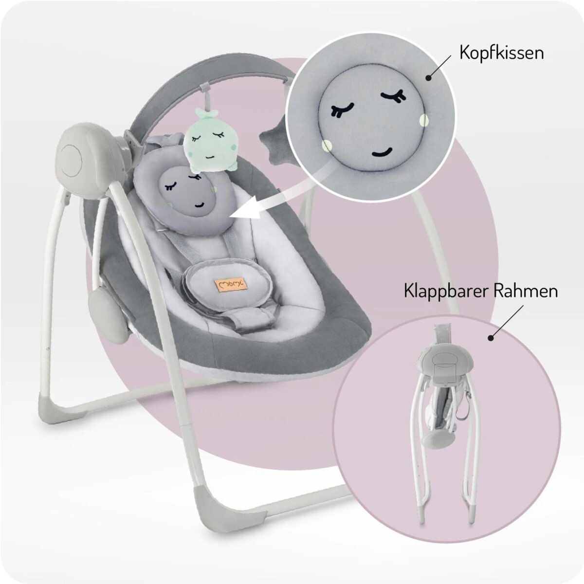 MoMi LISS – Elektrische Babywippe klappbar mit Timer, 5 Geschwindigkeiten, 6 Melodien & verstellbarem Spielbogen - Grau