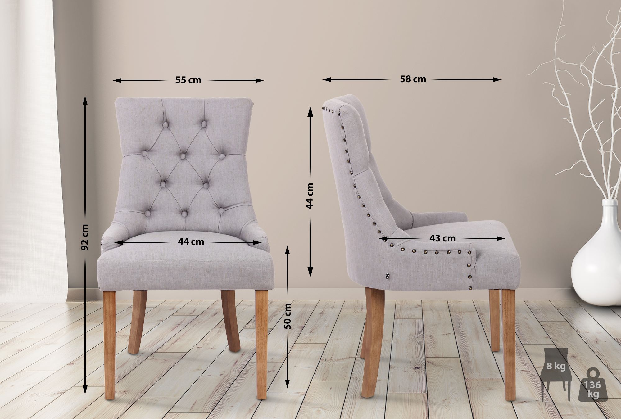 2er Set Esszimmerstuhl Aberdeen Stoff antik-hell