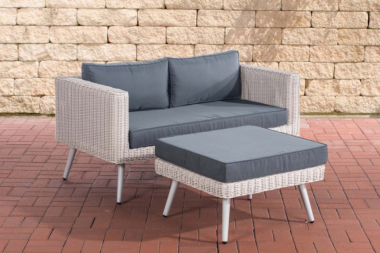 2er Sofa Molde mit Fußhocker Rundrattan perlweiß 45 cm (Hellgrau)