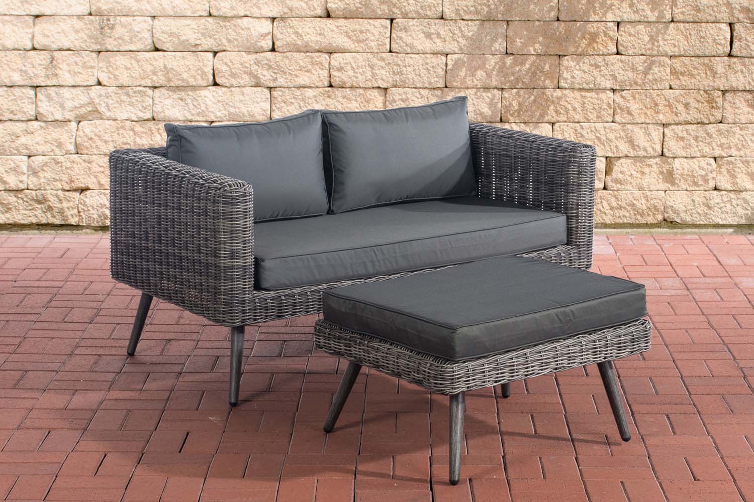 2er Sofa Molde mit Fußhocker Rundrattan grau-meliert 40 cm (Dunkelgrau)