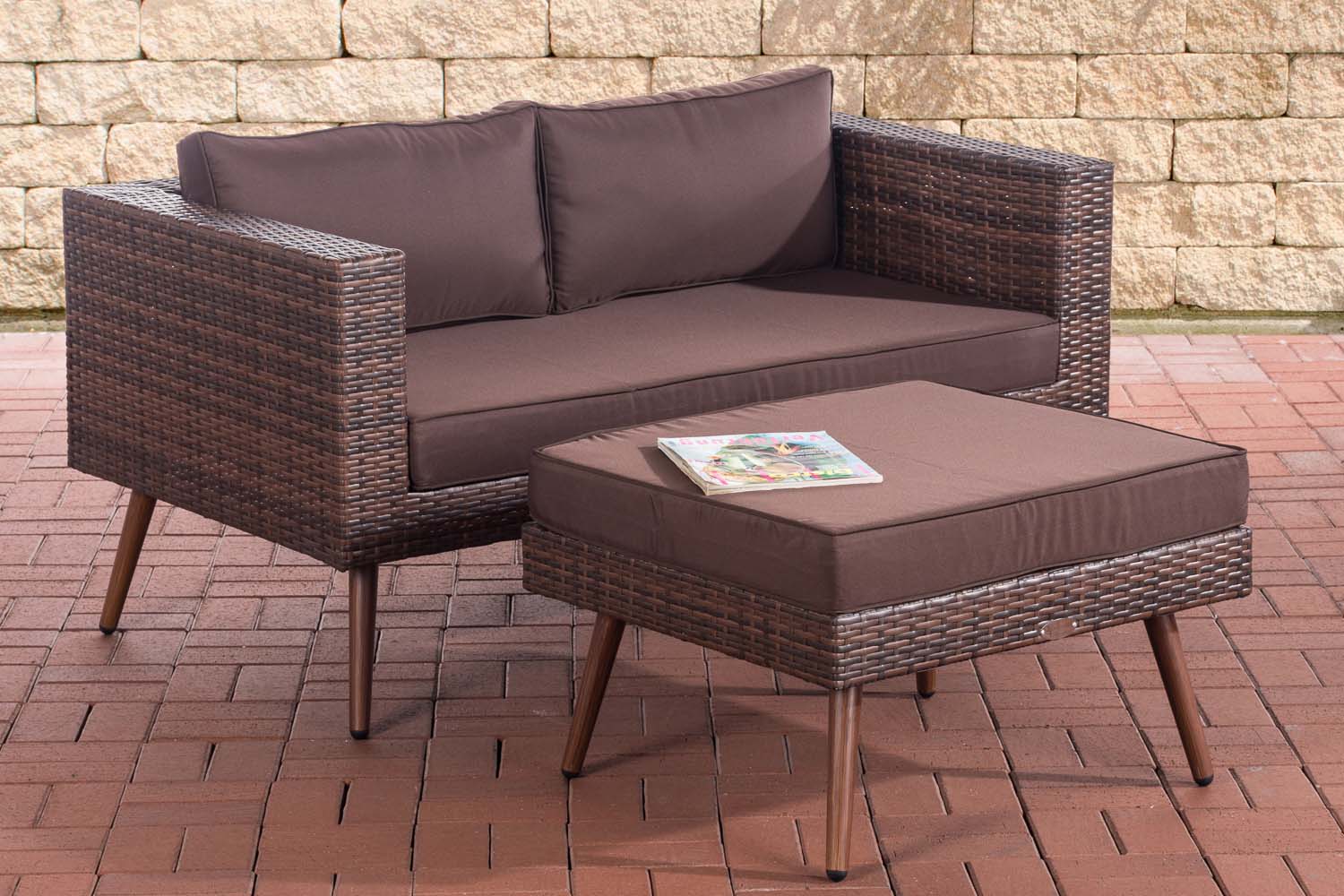 2er Sofa Molde mit Fußhocker Flachrattan braun-meliert 45 cm (Dunkelbraun)