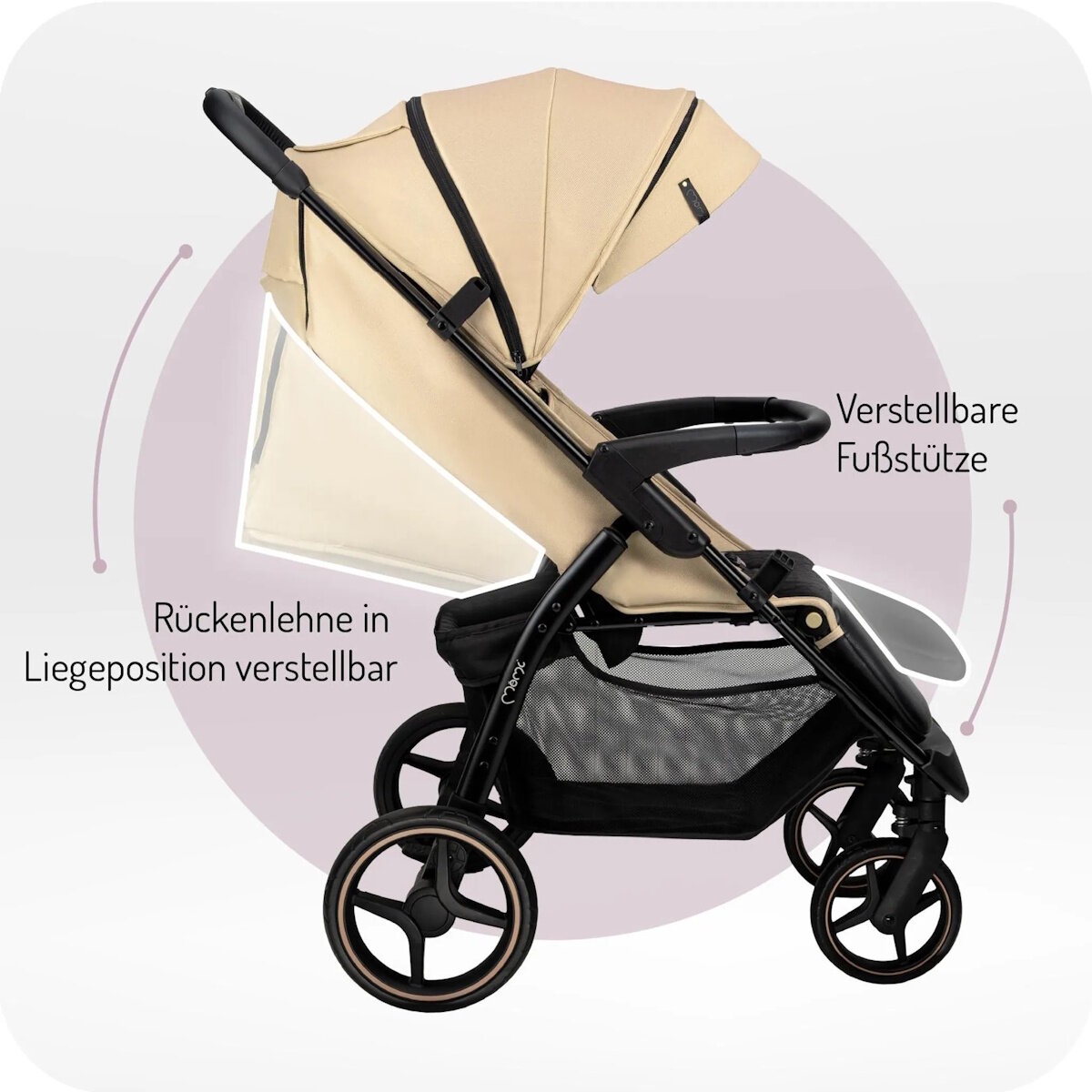 MoMi MIYA EVA – Buggy mit Einhand-Faltung, XL-Räder, Zubehör, verstellbar, Sonnenverdeck – Beige