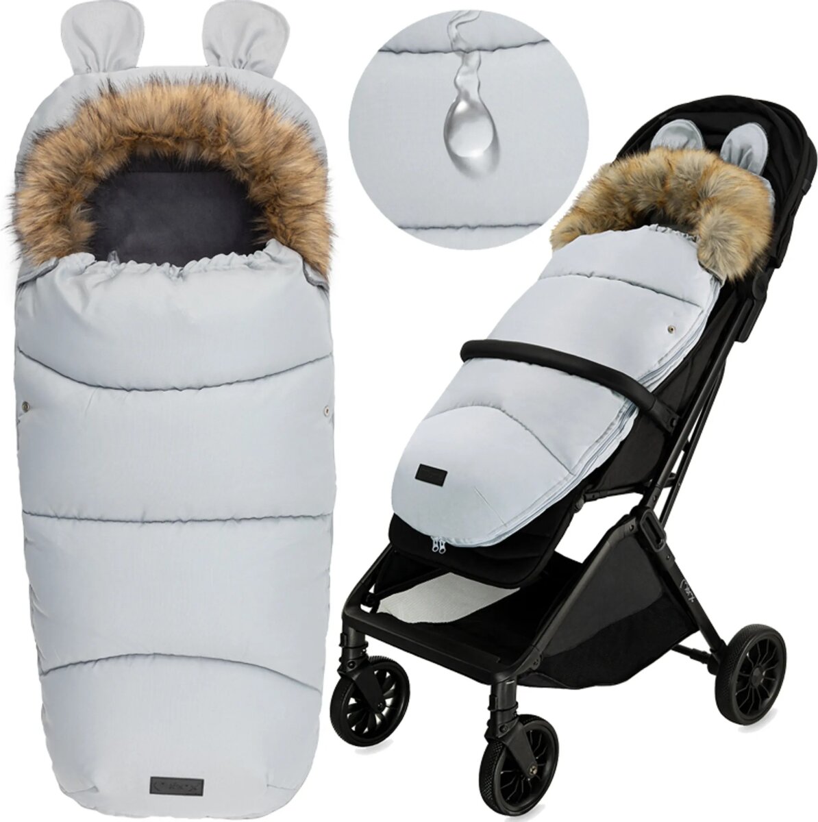 MoMi COZY – Universal-Fußsack für Kinderwagen, Fleece-Innenfutter, beidseitiger Reißverschluss & Kapuze mit Ohren – Grau