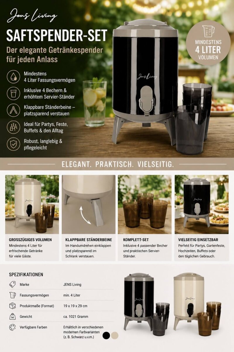 The Gift Groothandel BV JENS Living Saftspender Set mit 4 Bechern & Ständer | 4L Getränkespender für Party, Garten & Buffet | Robuste Glaskaraffe / Wasserspender in Taupe – Ansicht 3