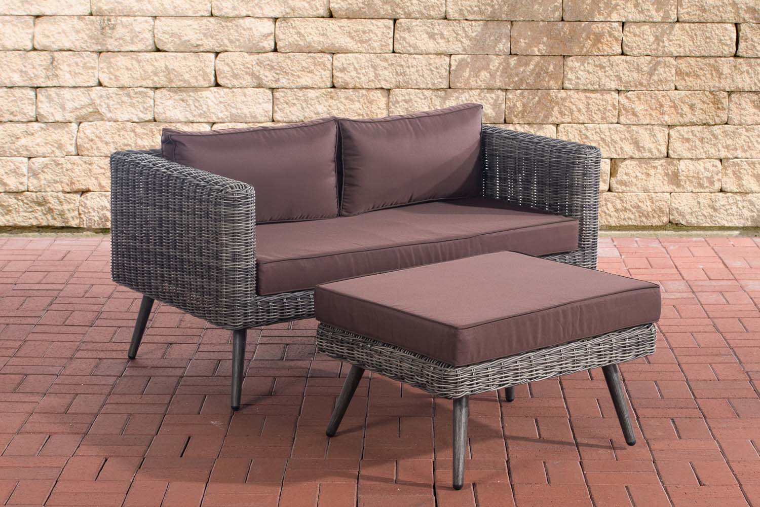 2er Sofa Molde mit Fußhocker Rundrattan grau-meliert 45 cm (Dunkelgrau)
