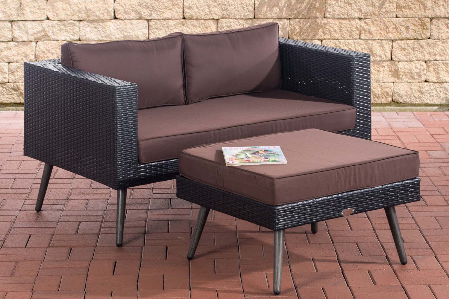 2er Sofa Molde mit Fußhocker Flachrattan schwarz 45 cm (Dunkelgrau)