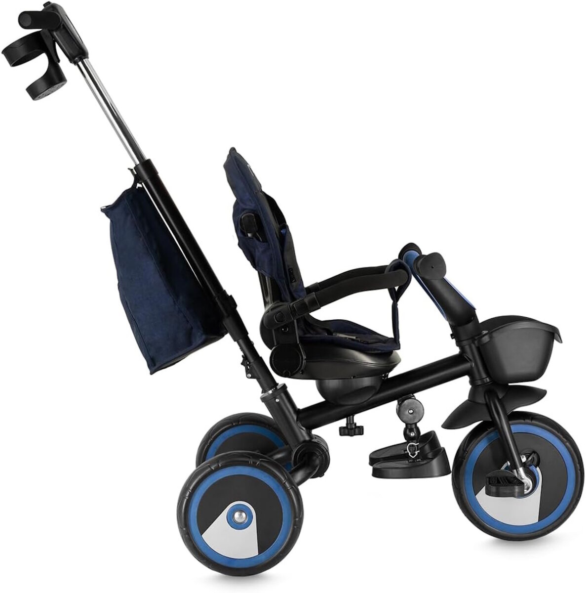 MoMi IVI Kinderdreirad 3-in-1 Blau – 360° drehbarer Sitz, 3-Punkt-Gurt, höhenverstellbare Schiebestange, Sonnendach, PU-Räder, Frontkorb – ab 9 Monaten