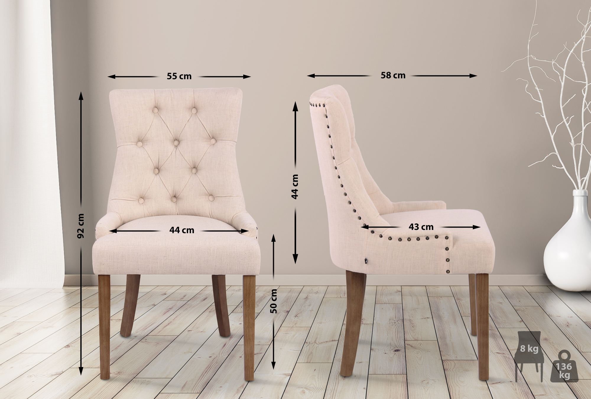 2er Set Esszimmerstuhl Aberdeen Stoff antik-hell