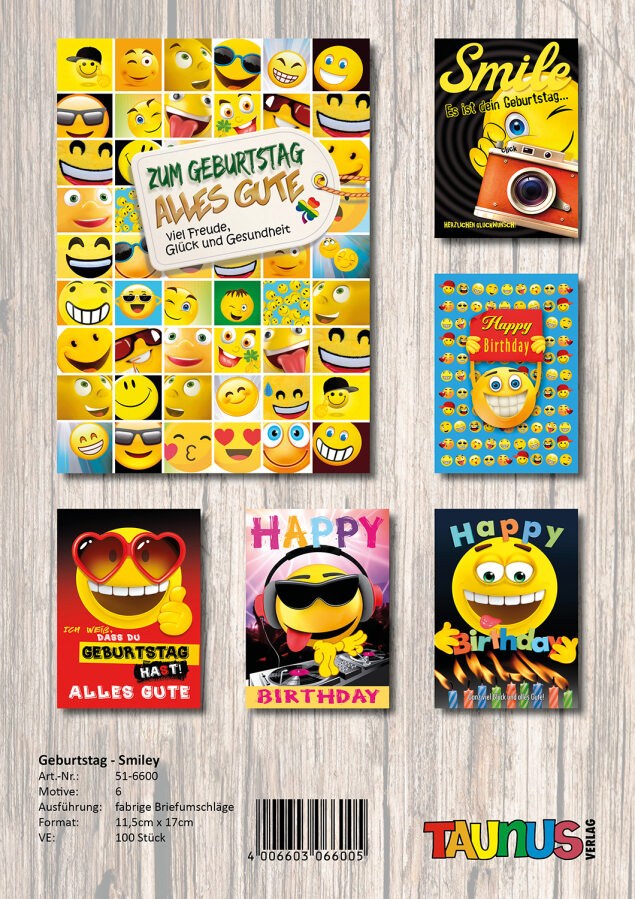 Taunus-Verlag Grüßkarten Smiley Geburtstagskarten - 100 Stück - 6 Motive