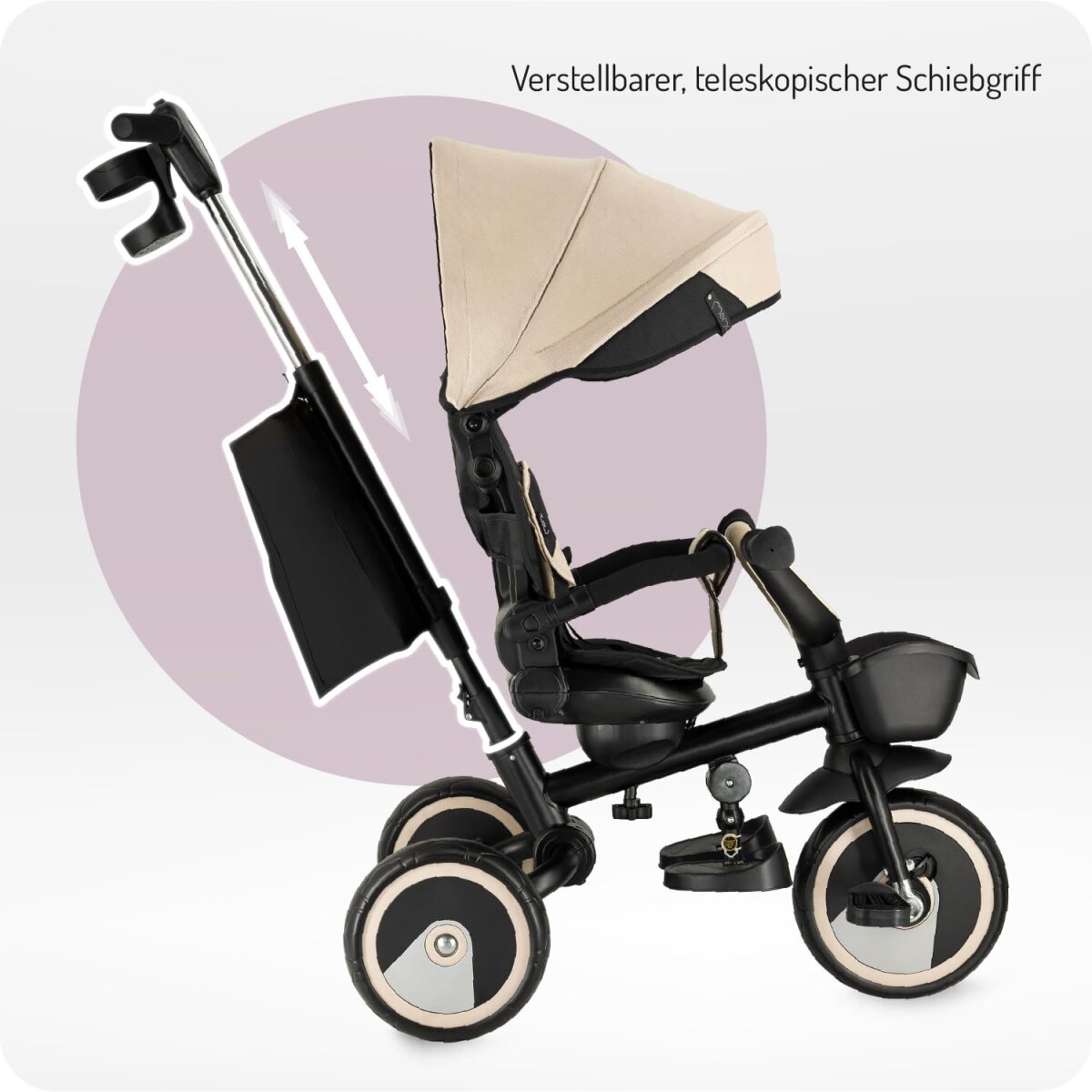 MoMi IVI Kinderdreirad 3-in-1 Beige – 360° drehbarer Sitz, 3-Punkt-Gurt, höhenverstellbare Schiebestange, Sonnendach, PU-Räder, Frontkorb – ab 9 Monaten