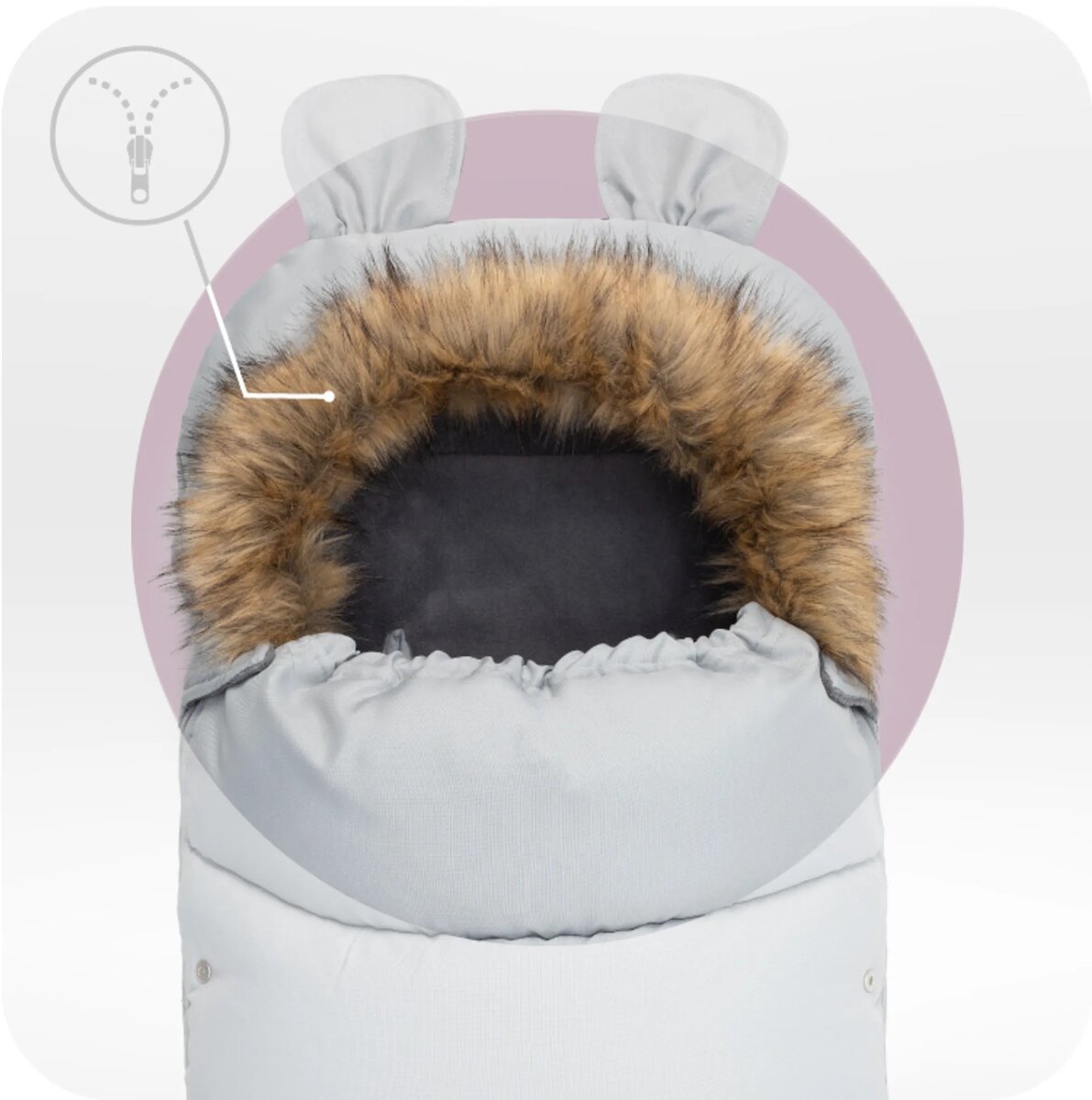 MoMi COZY – Universal-Fußsack für Kinderwagen, Fleece-Innenfutter, beidseitiger Reißverschluss & Kapuze mit Ohren – Grau