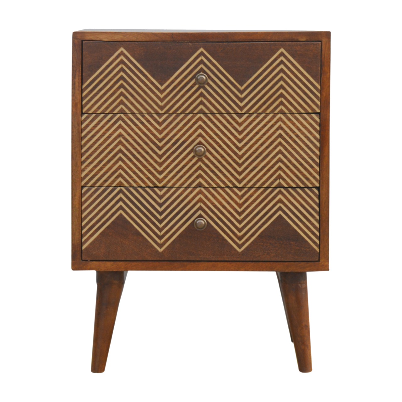 Nachttisch aus Messing mit Chevron-Muster und 3 Schubladen
