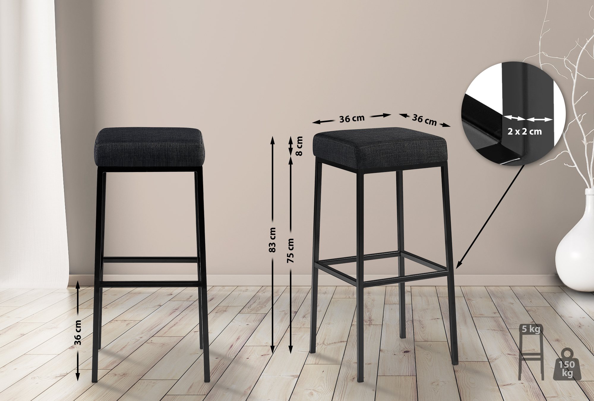 2er Set Barhocker Montreal 85 Stoff schwarz