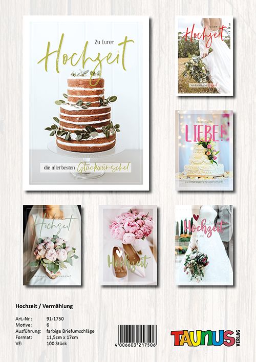 Taunus-Verlag Grüßkarten Hochzeitskarten - 100 Stück - 6 Motive