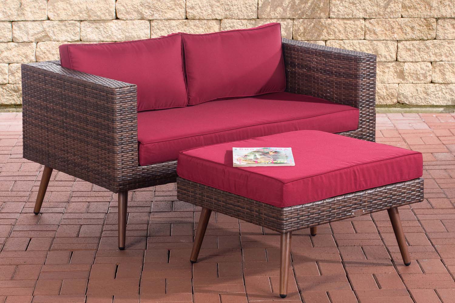 2er Sofa Molde mit Fußhocker Flachrattan braun-meliert 45 cm (Dunkelbraun)