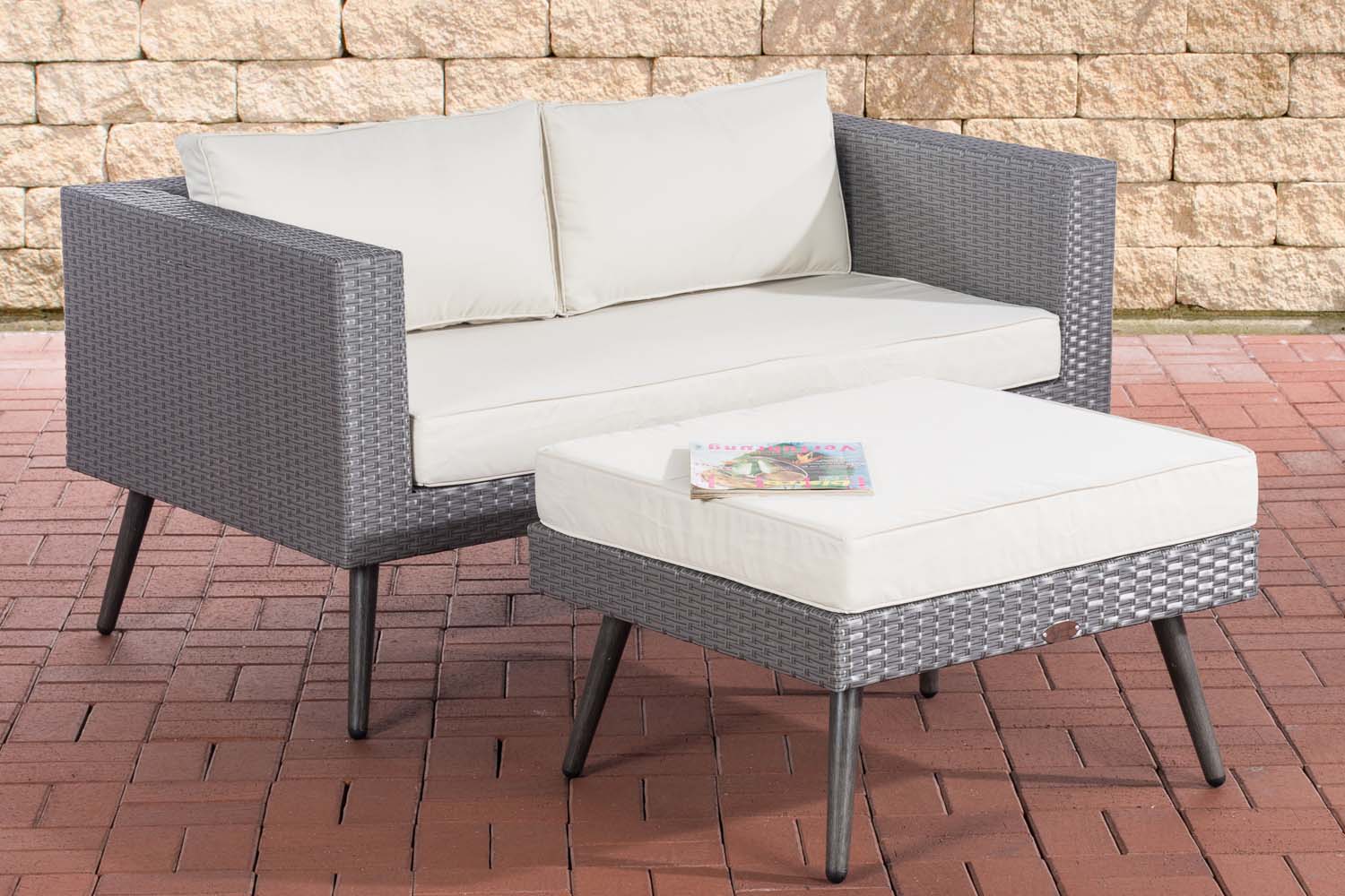 2er Sofa Molde mit Fußhocker Flachrattan Grau 40 cm (Dunkelgrau)