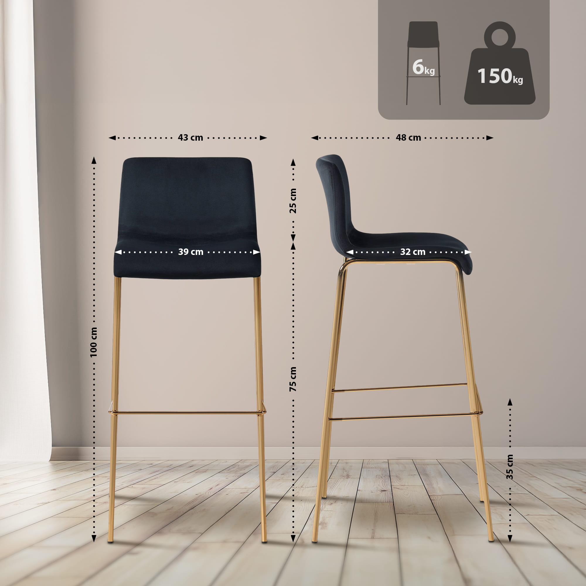 Barhocker Hoover Samt 4-Fuß Gold