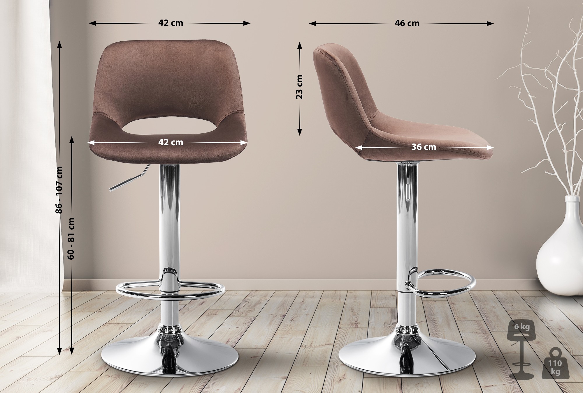 2er Set Barhocker Camden Samt chrom