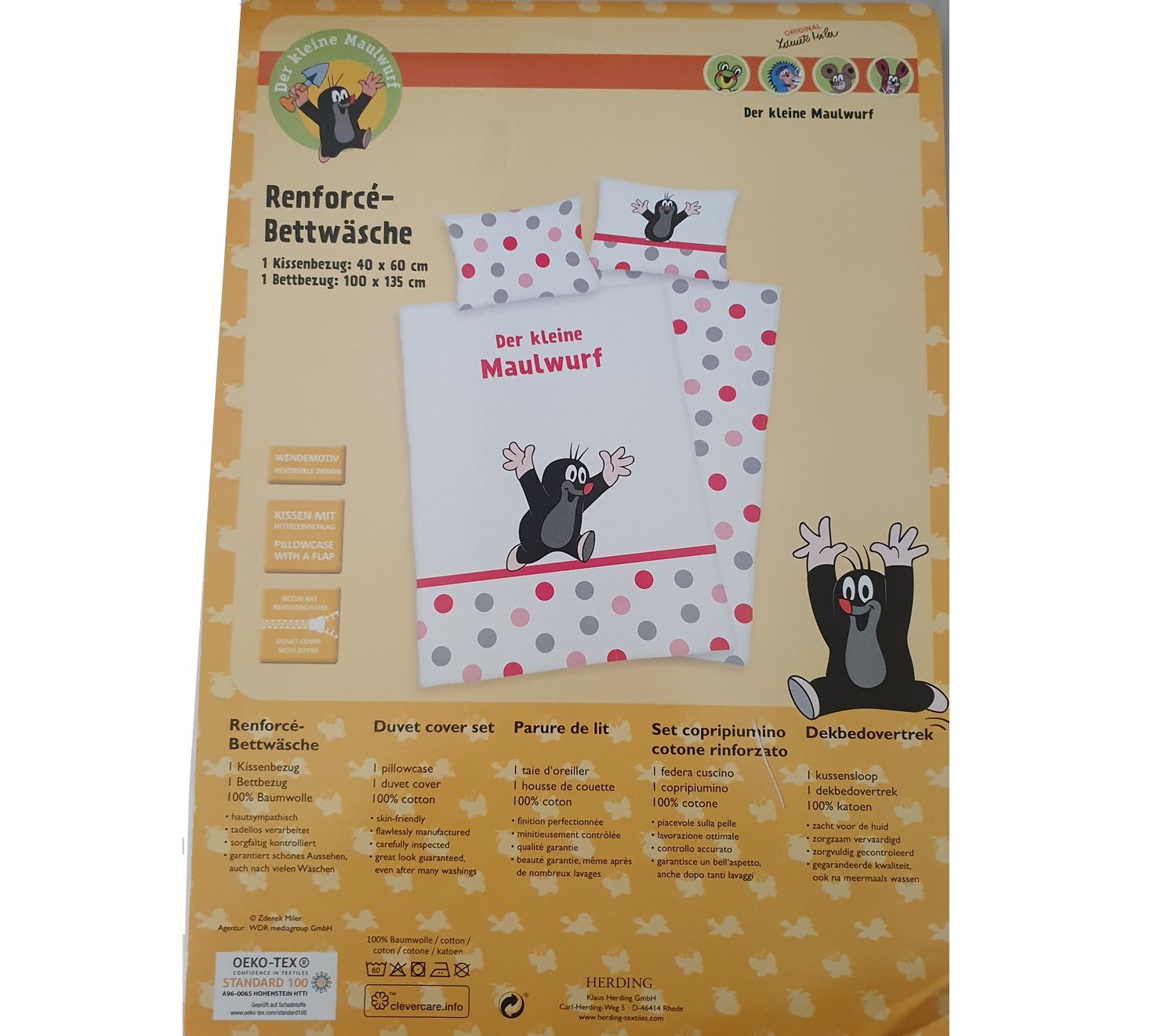 Herding Textilien Der kleine Maulwurf - Wendebettwäsche - 40 x 60 / 135 x 100 cm