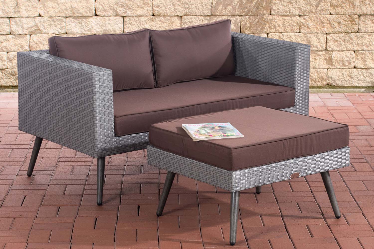 2er Sofa Molde mit Fußhocker Flachrattan Grau 40 cm (Dunkelgrau)