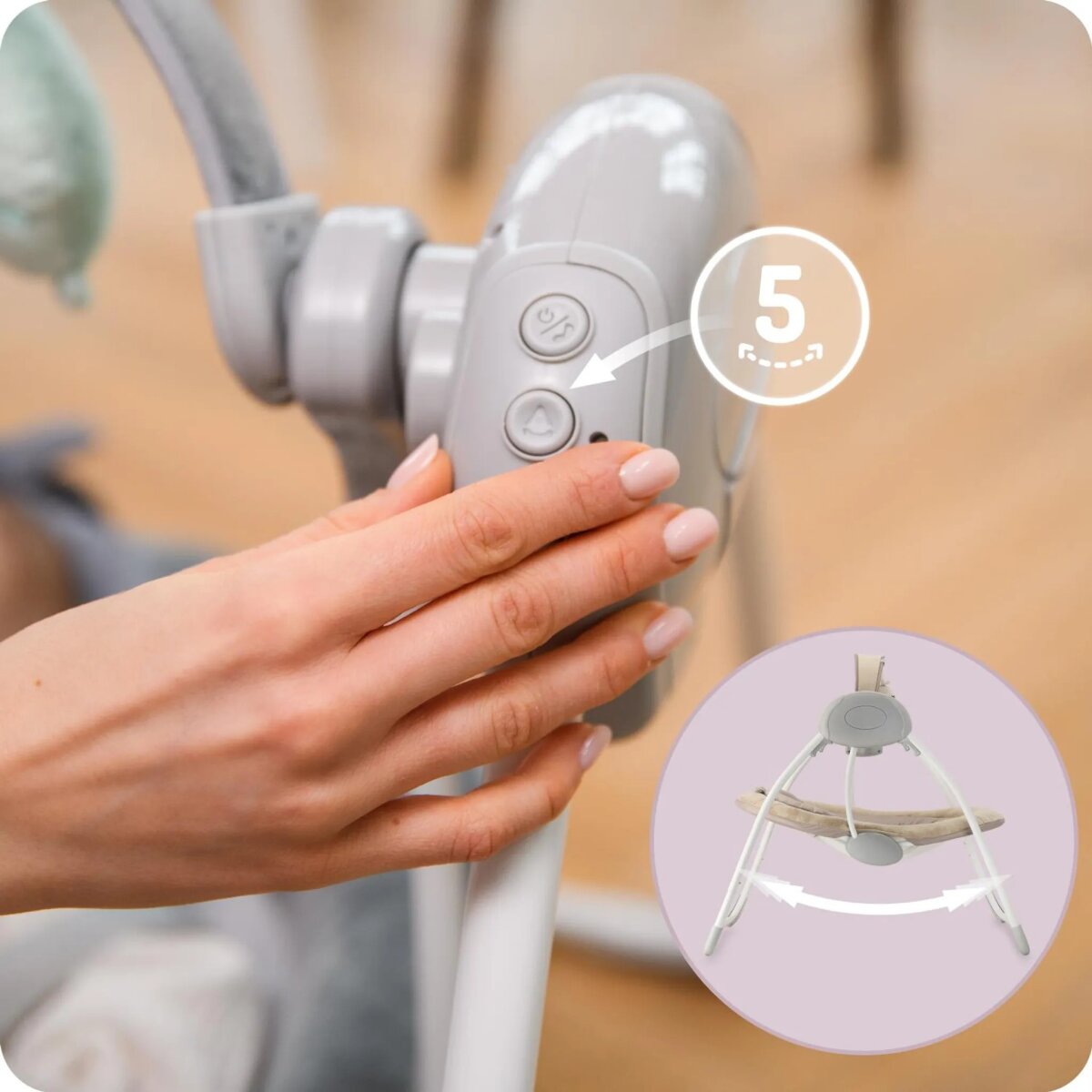 MoMi LISS – Elektrische Babywippe klappbar mit Timer, 5 Geschwindigkeiten, 6 Melodien & verstellbarem Spielbogen - Beige
