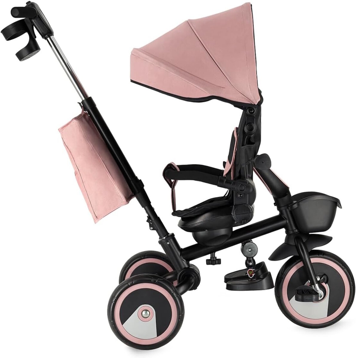 MoMi IVI Kinderdreirad 3-in-1 Rosa – 360° drehbarer Sitz, 3-Punkt-Gurt, höhenverstellbare Schiebestange, Sonnendach, PU-Räder, Frontkorb – ab 9 Monaten