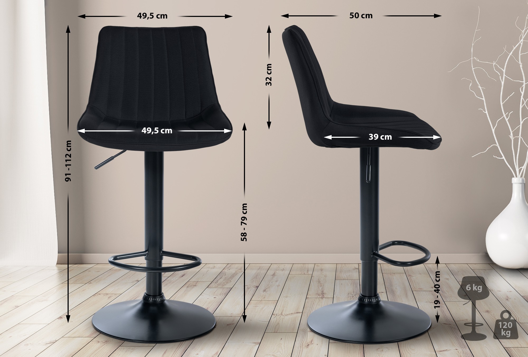 2er Set Barhocker Toni Stoff schwarz