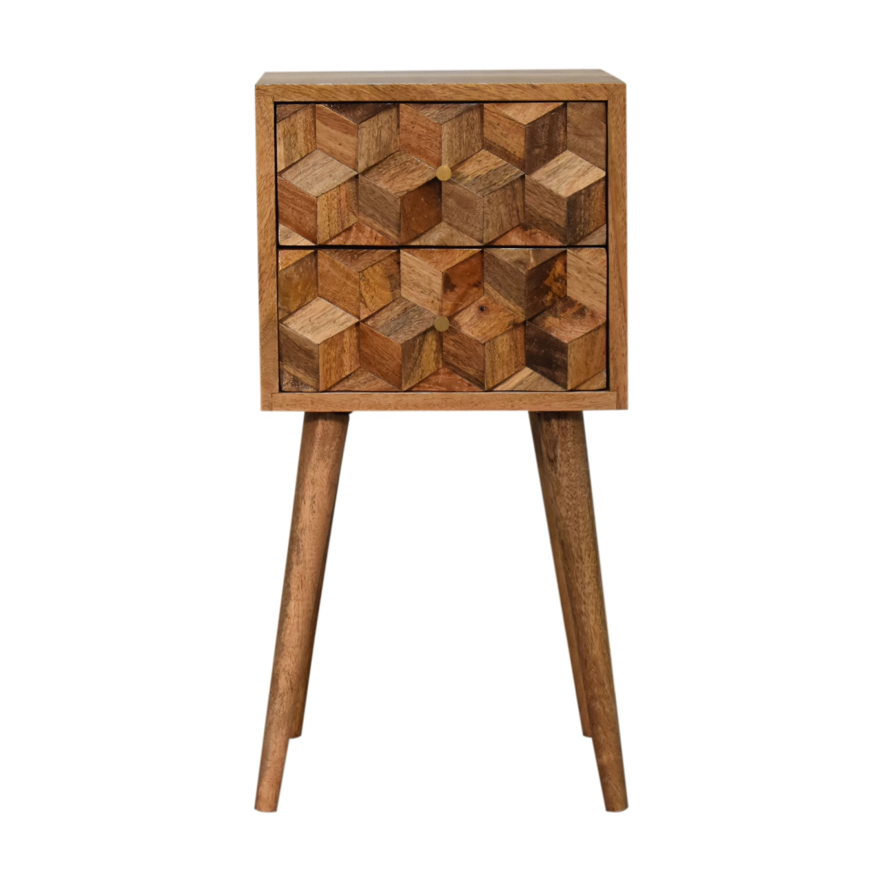 Mini Cube, geschnitzt, Nachttisch mit 2 Schubladen