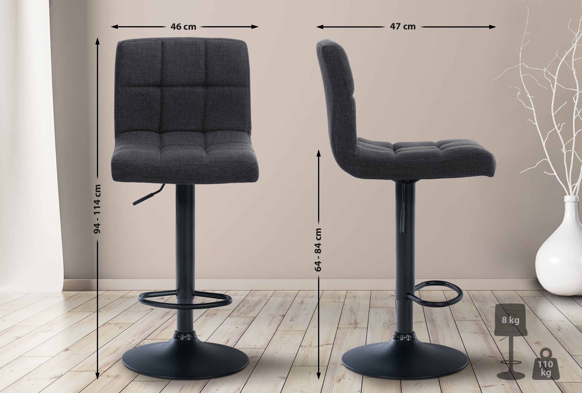 2er Set Barhocker Calma Stoff schwarz