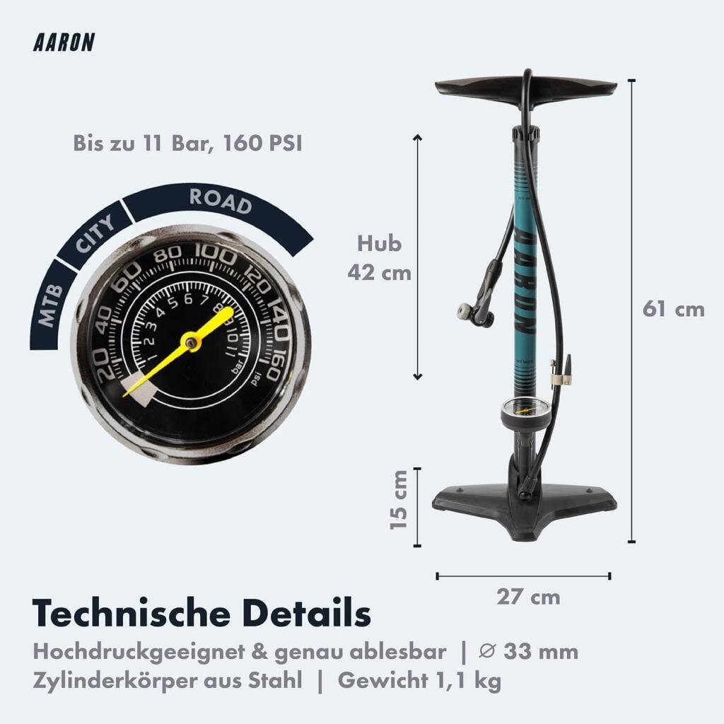 AARON Luftpumpe Sport One in Blau Fahrrad-Stand-Pumpe für alle Ventile mit Manometer