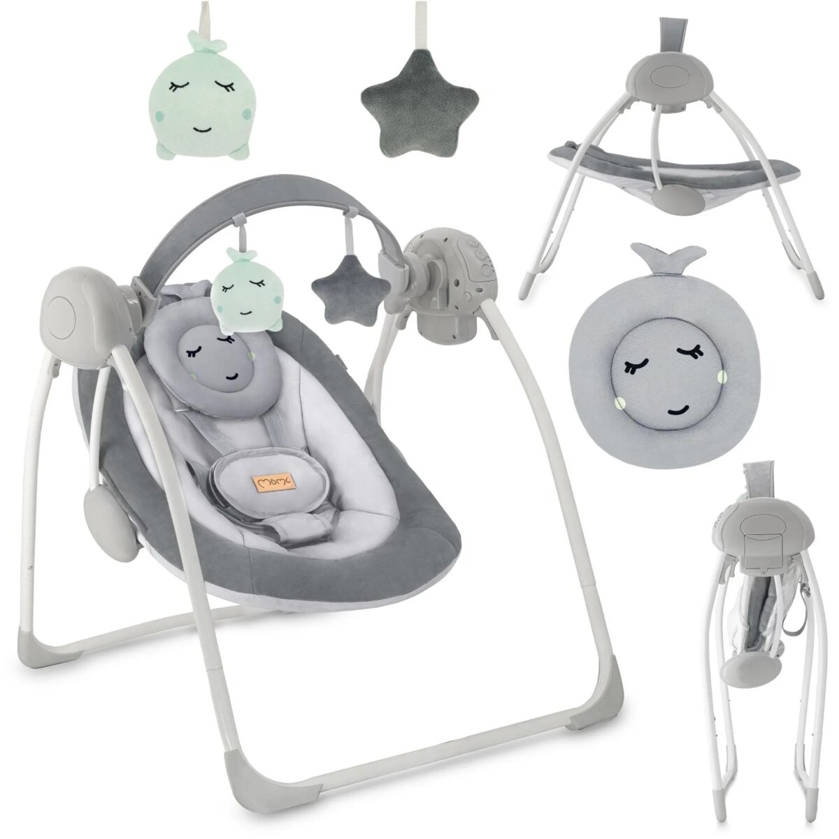 MoMi LISS – Elektrische Babywippe klappbar mit Timer, 5 Geschwindigkeiten, 6 Melodien & verstellbarem Spielbogen - Grau