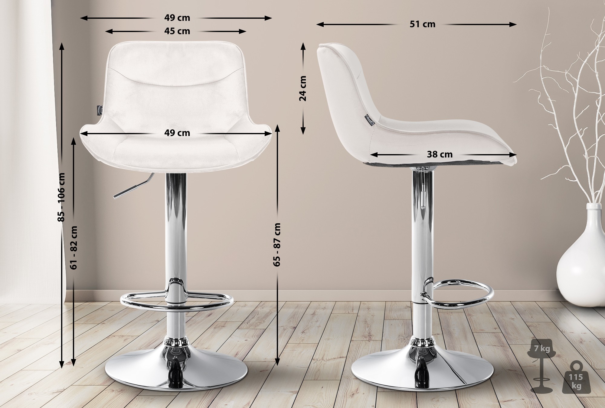 2er Set Barhocker Vonore Samt chrom