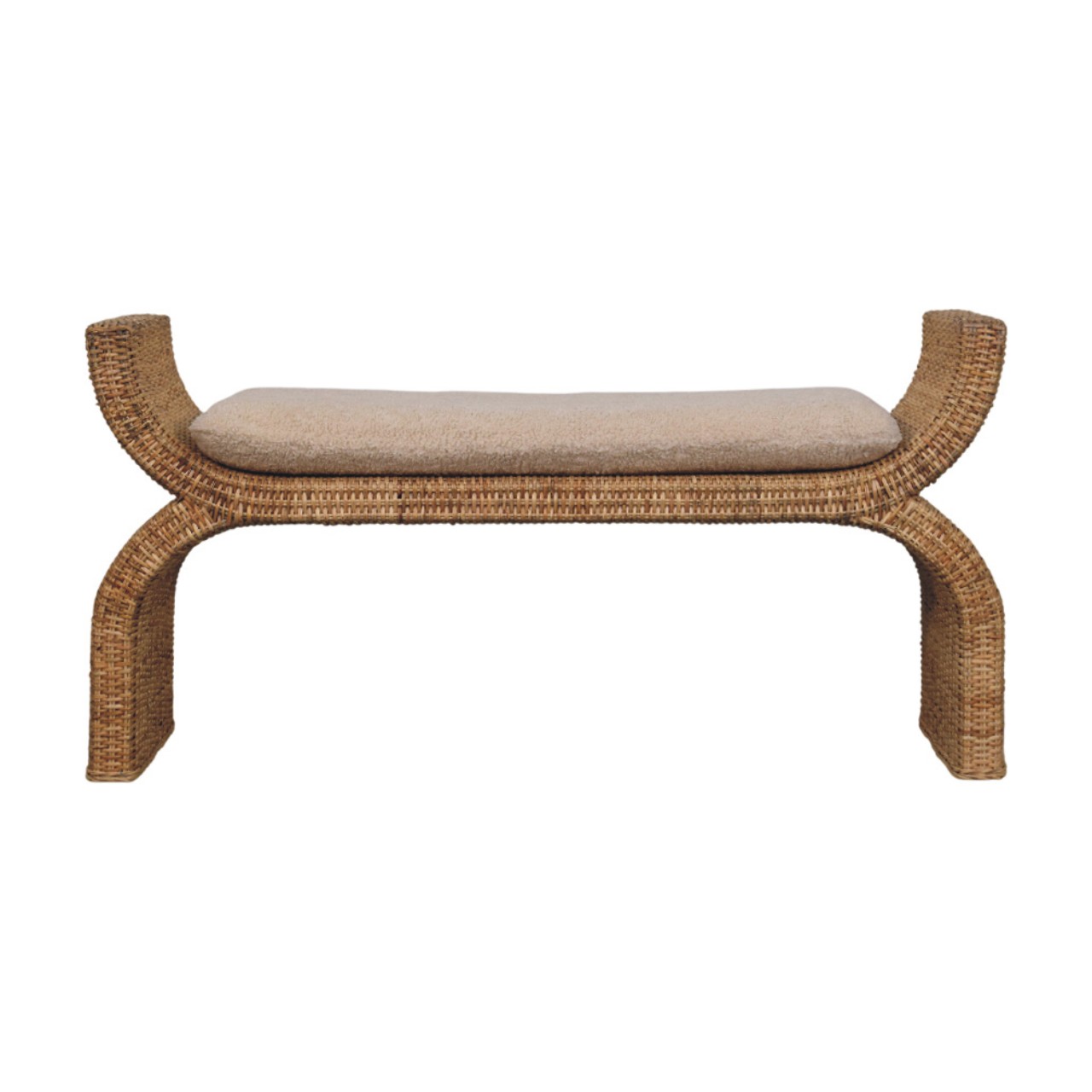 Bouclé-Bank mit Rattan-Flechtwerk
