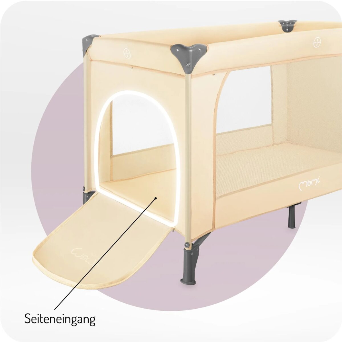 MoMi BELOVE PLUS – Babyreisebett mit Matratze, Spielbogen & Wickeltisch, 2 Ebenen, Zubehör inkl. – Beige
