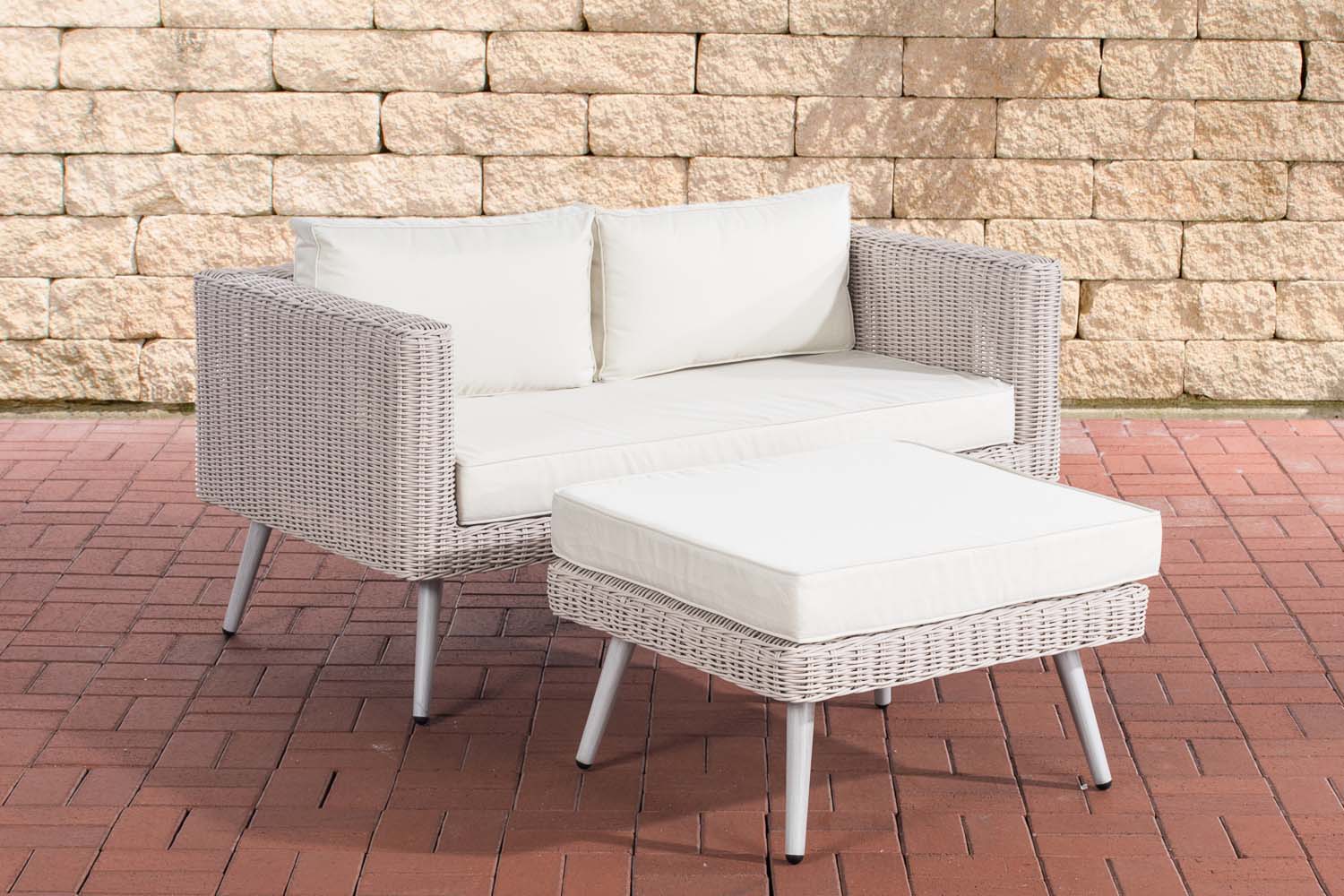 2er Sofa Molde mit Fußhocker Rundrattan perlweiß 40 cm (Hellgrau)