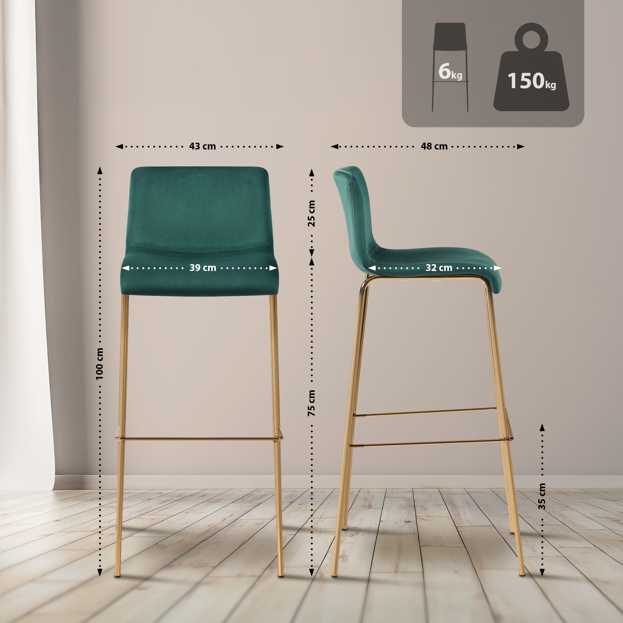 Barhocker Hoover Samt 4-Fuß Gold