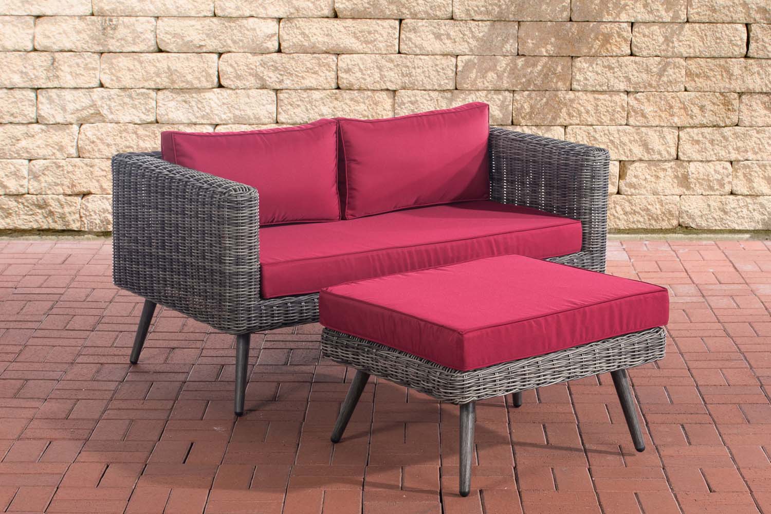 2er Sofa Molde mit Fußhocker Rundrattan grau-meliert 40 cm (Dunkelgrau)