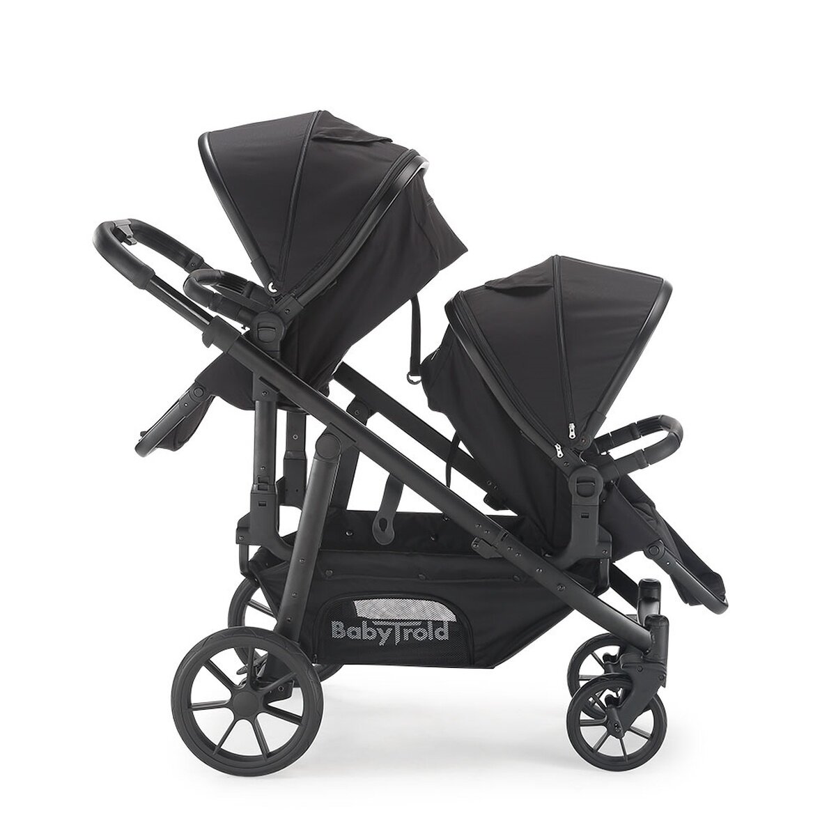 BabyTrold Nuuk Black Geschwisterwagen für zwei Kinder, flexibel, kompakt, Premium-Design