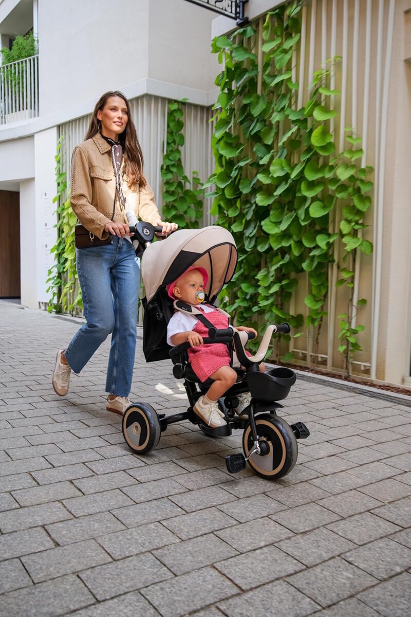 MoMi IVI Kinderdreirad 3-in-1 Rosa – 360° drehbarer Sitz, 3-Punkt-Gurt, höhenverstellbare Schiebestange, Sonnendach, PU-Räder, Frontkorb – ab 9 Monaten