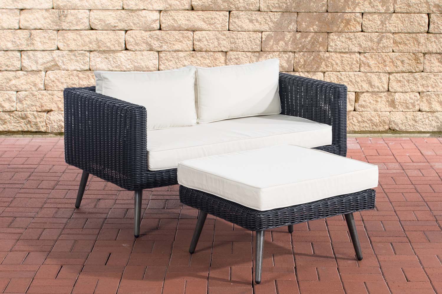 2er Sofa Molde mit Fußhocker Rundrattan  schwarz 45 cm (Dunkelgrau)