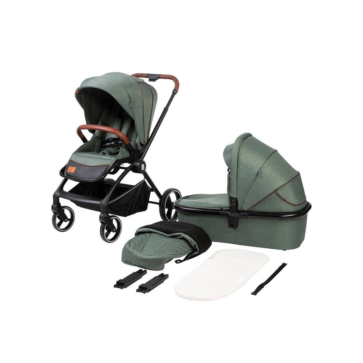 BabyTrold Alex 2in1 Kinderwagen Set Forest Green mit Babywanne, Sportsitz und Fußsack