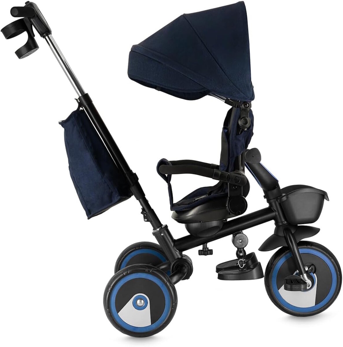 MoMi IVI Kinderdreirad 3-in-1 Blau – 360° drehbarer Sitz, 3-Punkt-Gurt, höhenverstellbare Schiebestange, Sonnendach, PU-Räder, Frontkorb – ab 9 Monaten