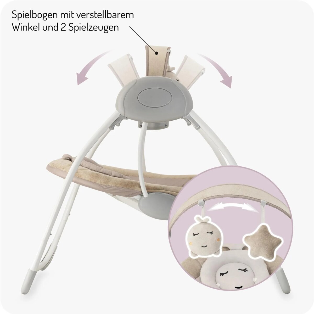 MoMi LISS – Elektrische Babywippe klappbar mit Timer, 5 Geschwindigkeiten, 6 Melodien & verstellbarem Spielbogen - Beige